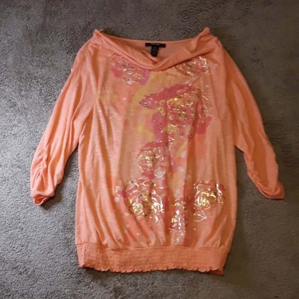 Style & Co Petite Poly Rayon Orange and Gold Floral Elastic Bottom Blouse, PXL